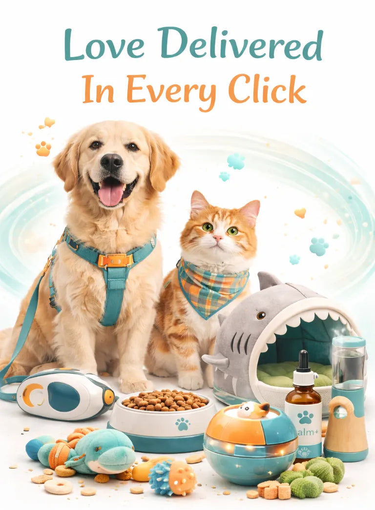 Dog and cat with pet products and toys on a white background with text 'Love Delivered In Every Click'. clickpaws.shop hero image